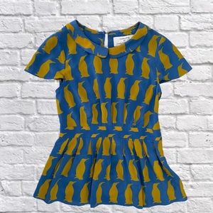 Adelie Penguin Print Retro Style Peplum Top Size 2